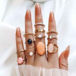 **MARTINE* 12-Pc Gold x Multicolor Gem Fashion Rhinestone Ring Set
